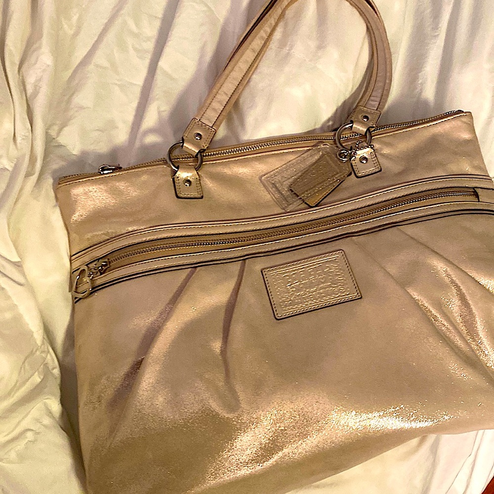 RARE COACH BAG POPPY METALLIC GOLD CHAMPAGNE LEATHER LARGE TOTE #H1281-F20441